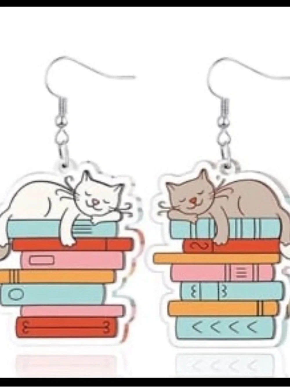 Cute Cat on Books Acrylic Earrings - White Cat, Multicolor